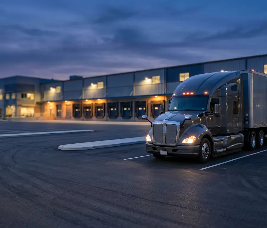 Truck parked in a logistics yard at dusk