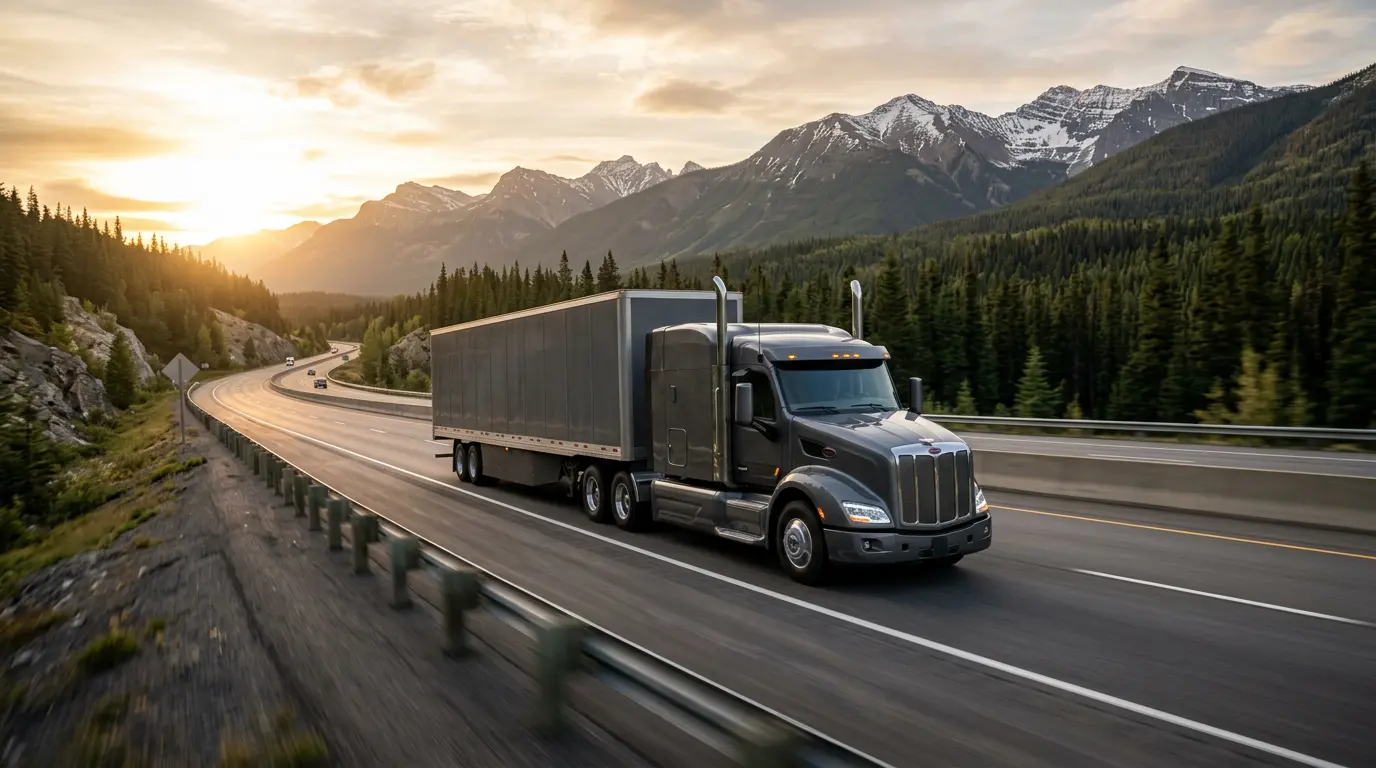 Semi truck on a Canadian highway at golden hour